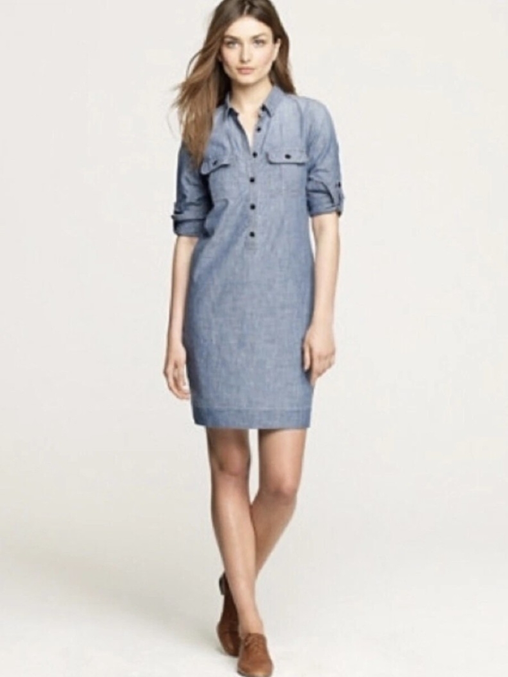 J.CREW Women's Blue Denim Roll Tab Sleeve Button Chambray Shirt Dress Sz M EUC